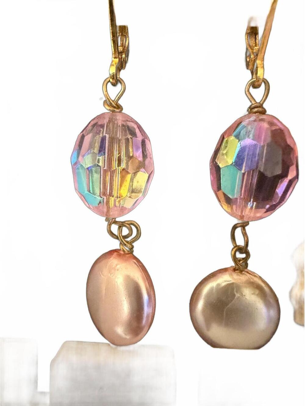 Pink iridescent bead drop earrings